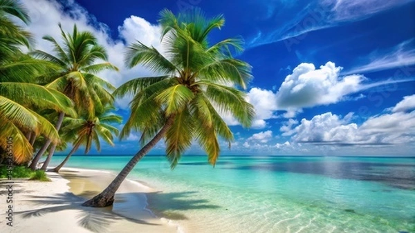 Fototapeta Palm trees swaying gently in the ocean breeze on a secluded tropical beach with crystal-clear turquoise waters and powdery white sand