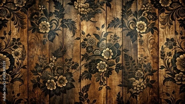 Fototapeta Dark, mysterious floral patterns with black calligraphy typography in a distressed wood grain background, evoking an air of elegance and sophistication , ornate, mystical