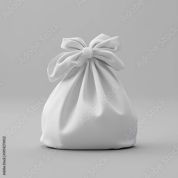 Fototapeta White fabric gift bag with a tied ribbon bow.  Smooth, rounded shape, simple design