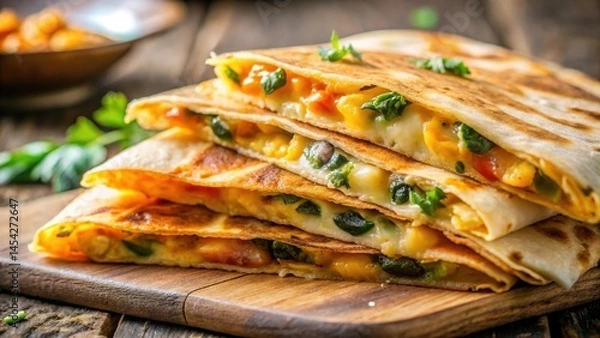 Fototapeta Crispy tortilla with melted cheese and savory fillings, close-up shot of quesadilla texture and aroma, savory, food,  savory