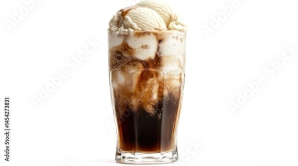Fototapeta Classic soda float in tall glass, vanilla ice cream and cola, isolated on white
