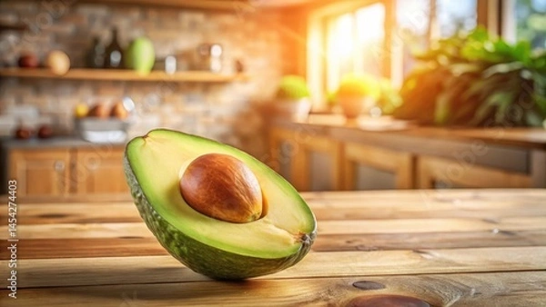 Fototapeta Fresh ripe avocado sliced on a bright sunny morning on a clean kitchen counter with a warm wooden background , healthy, kitchen