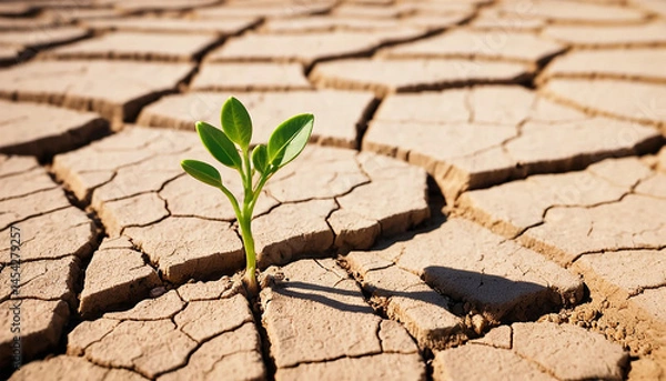 Fototapeta Tiny Green Sprout in Cracked Dry Earth – Resilience and Survival in Harsh Drought Landscape