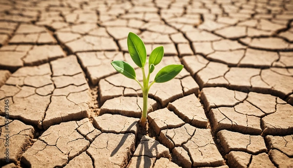 Fototapeta Tiny Green Sprout in Cracked Dry Earth – Resilience and Survival in Harsh Drought Landscape