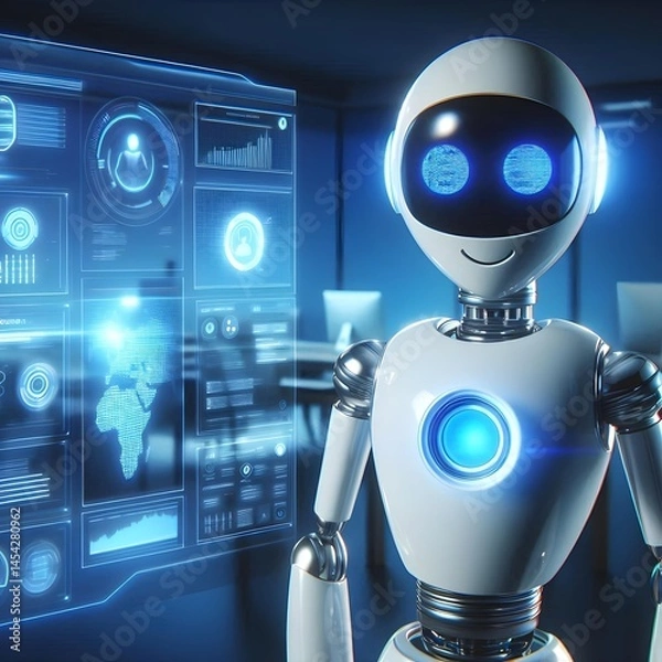 Obraz Advanced AI Robot with Hologram Display – Digital Workspace Branding Element