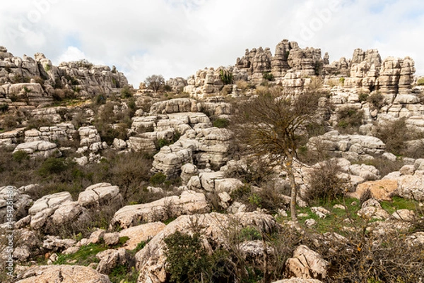 Obraz Karst rock formations in Antequera, Spain. Unique karst landscape with rugged limestone rocks and sparse vegetation in El Torcal, Antequera, Spain, captured in February.