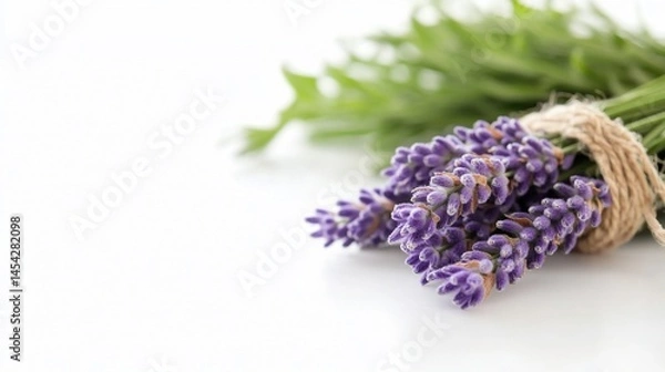 Fototapeta Purple lavender tied with twine, fresh greenery on white