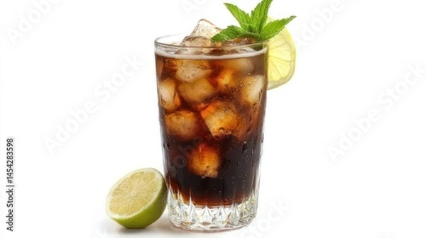 Fototapeta Cuba Libre cocktail in highball glass with fresh garnish, isolated on white background, transparent PNG style