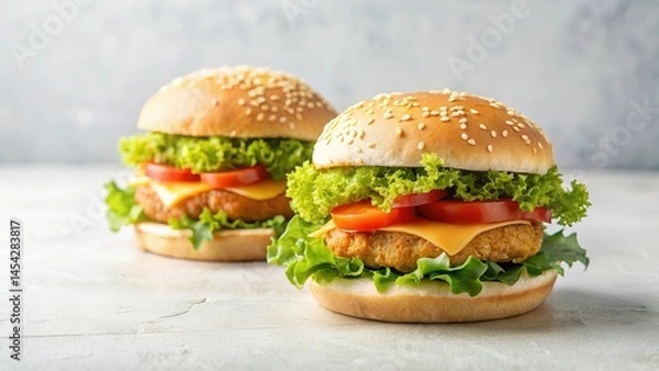 Fototapeta Two crispy chicken burgers placed on a clean and minimalist white background with a subtle texture