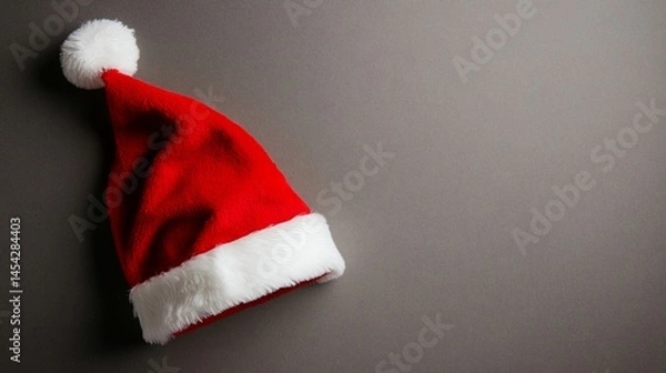Fototapeta Red Santa hat with white trim and pompom on a gray background