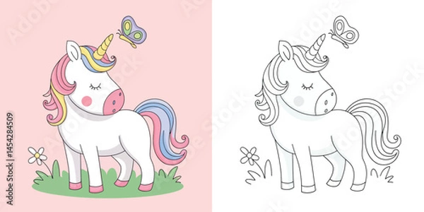 Fototapeta A charming coloring page featuring a peaceful unicorn with a beautiful butterfly.