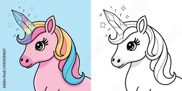 Fototapeta Cute Unicorn Coloring Page with Crystal Horn