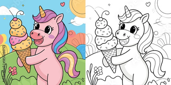 Fototapeta Cute Unicorn Coloring Page with Ice Cream
