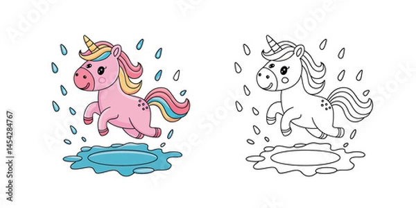 Fototapeta Cute unicorn jumping through a puddle in a coloring book.