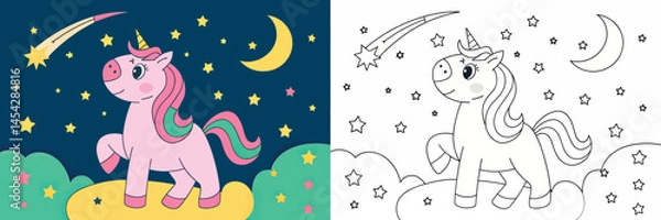 Fototapeta Cute Unicorn Coloring Page Under a Starry Night