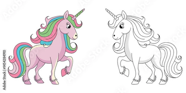 Fototapeta Colorful Unicorn Coloring Page Pair for Kids