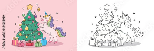 Fototapeta Cute Unicorn Decorating a Christmas Tree - Coloring Page