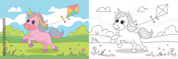 Fototapeta A vibrant illustration of a playful unicorn running across a meadow, holding a colorful kite.