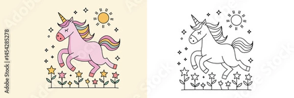Fototapeta A whimsical illustration of a running unicorn in a field of flowers, featuring pastel pink colors and simple line art.