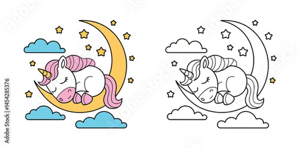 Fototapeta Cute unicorn coloring page design sleeping on the moon