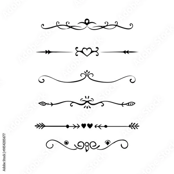 Fototapeta  Text dividers doodle set. Wedding decorative elements. Divider ornament, borders, vintage line separators. Hand drawn vector illustration isolated on white background. Gold text dividers doodle set. 