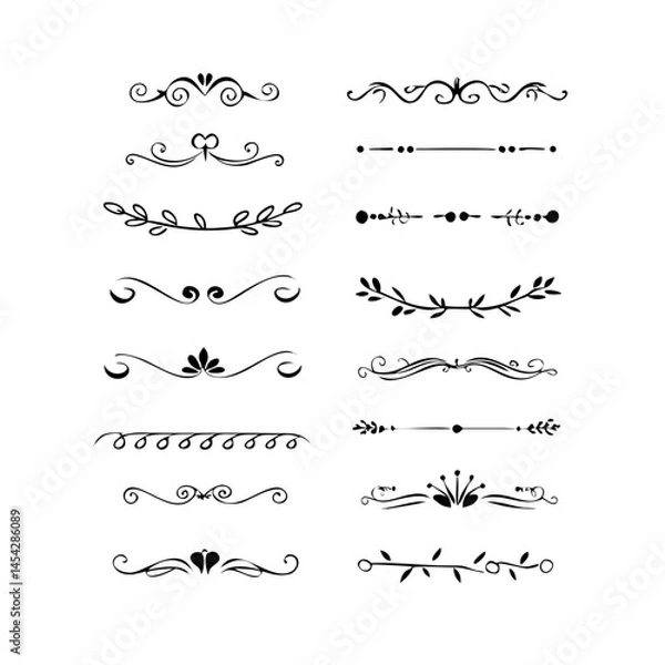Fototapeta  Text dividers doodle set. Wedding decorative elements. Divider ornament, borders, vintage line separators. Hand drawn vector illustration isolated on white background. Gold text dividers doodle set. 