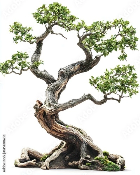 Fototapeta Beautiful old tree with branches, root, and green leaves, isolated on a white background