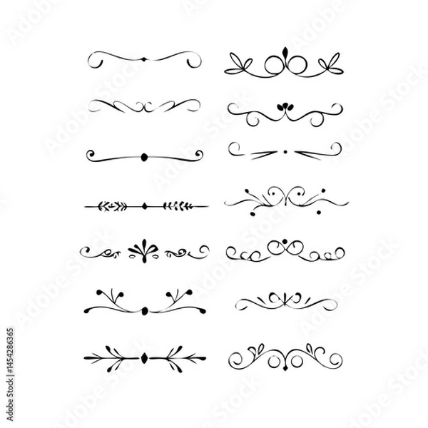 Fototapeta  Text dividers doodle set. Wedding decorative elements. Divider ornament, borders, vintage line separators. Hand drawn vector illustration isolated on white background. Gold text dividers doodle set. 