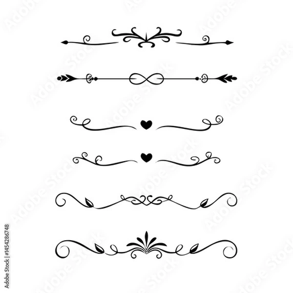 Fototapeta  Text dividers doodle set. Wedding decorative elements. Divider ornament, borders, vintage line separators. Hand drawn vector illustration isolated on white background. Gold text dividers doodle set. 
