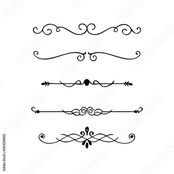 Fototapeta  Text dividers doodle set. Wedding decorative elements. Divider ornament, borders, vintage line separators. Hand drawn vector illustration isolated on white background. Gold text dividers doodle set. 