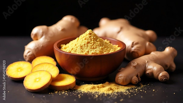 Obraz Fresh Ginger and Ground Ginger Powder on Black Background – Natural Spice and Health Remedy