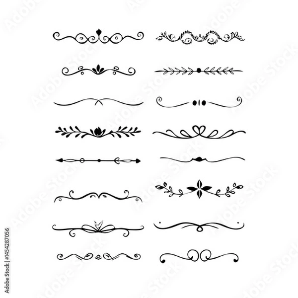 Fototapeta  Text dividers doodle set. Wedding decorative elements. Divider ornament, borders, vintage line separators. Hand drawn vector illustration isolated on white background. Gold text dividers doodle set. 