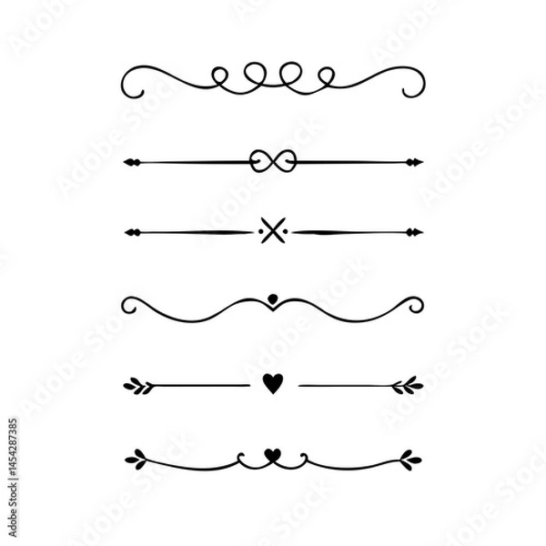 Fototapeta Text dividers doodle set. Wedding decorative elements. Divider ornament, borders, vintage line separators. Hand drawn vector illustration isolated on white background. Gold text dividers doodle set. 
