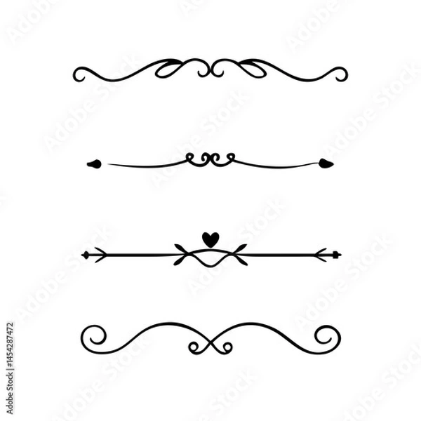 Fototapeta Text dividers doodle set. Wedding decorative elements. Divider ornament, borders, vintage line separators. Hand drawn vector illustration isolated on white background. Gold text dividers doodle set. 
