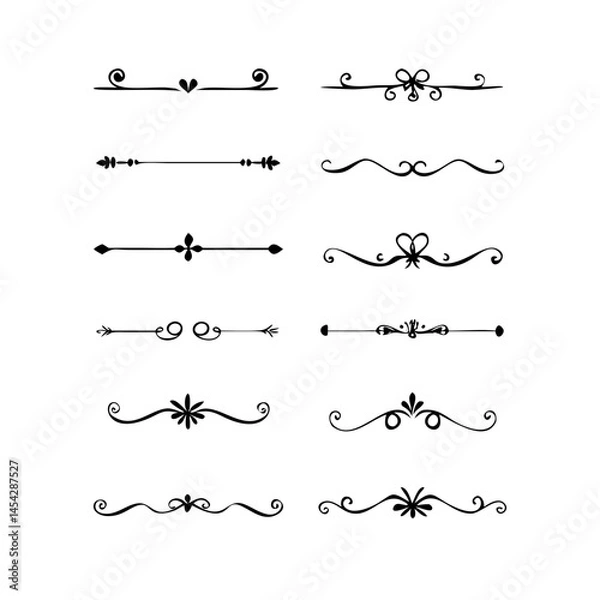 Fototapeta Text dividers doodle set. Wedding decorative elements. Divider ornament, borders, vintage line separators. Hand drawn vector illustration isolated on white background. Gold text dividers doodle set. 
