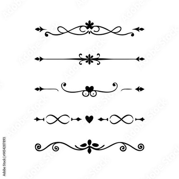 Fototapeta Text dividers doodle set. Wedding decorative elements. Divider ornament, borders, vintage line separators. Hand drawn vector illustration isolated on white background. Gold text dividers doodle set. 
