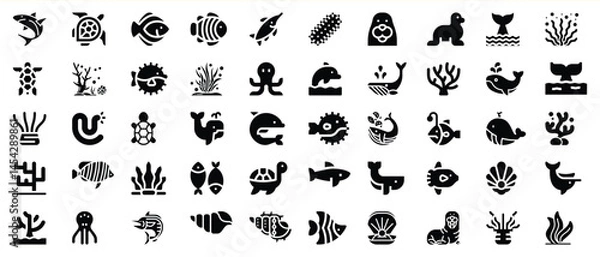Fototapeta A collection of black and white sea creature icons for ocean themed design projects