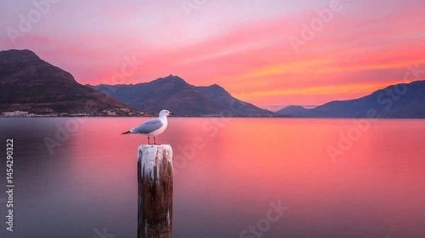Fototapeta Seagull perched atop a weathered post, serene water, mountains, and a vibrant sunset sky