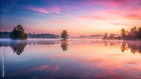 Fototapeta A misty pink sunrise casts a serene and peaceful ambiance over a still lake, with gentle ripples on its surface reflecting the soft colors of dawn , peaceful morning, water reflections