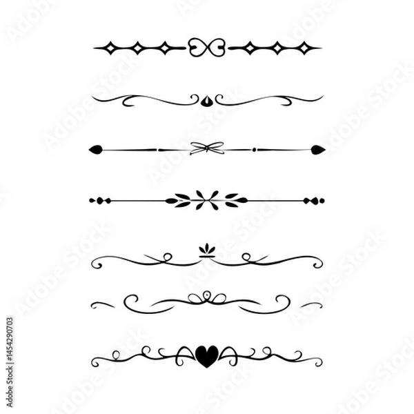 Fototapeta Dividers doodle set. Wedding decorative elements. Divider ornament, borders, vintage line separators. Hand drawn vector illustration isolated on white background.
