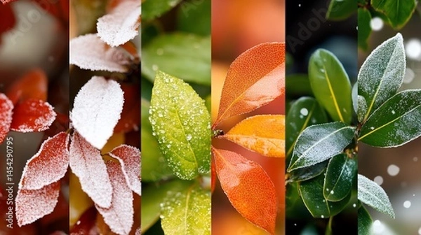 Fototapeta Seasonal leaves transition, covered in frost and vibrant colors