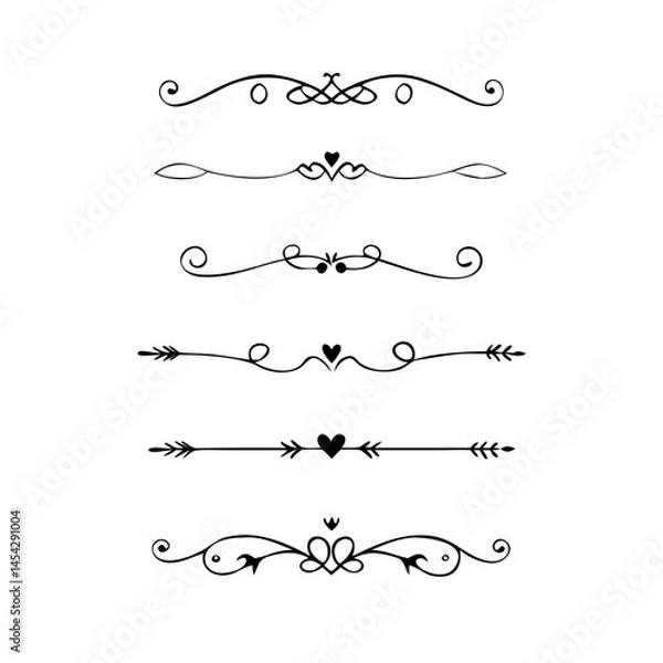 Fototapeta Dividers doodle set. Wedding decorative elements. Divider ornament, borders, vintage line separators. Hand drawn vector illustration isolated on white background.
