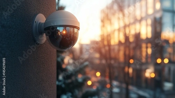 Fototapeta Security camera on building, sunset in background