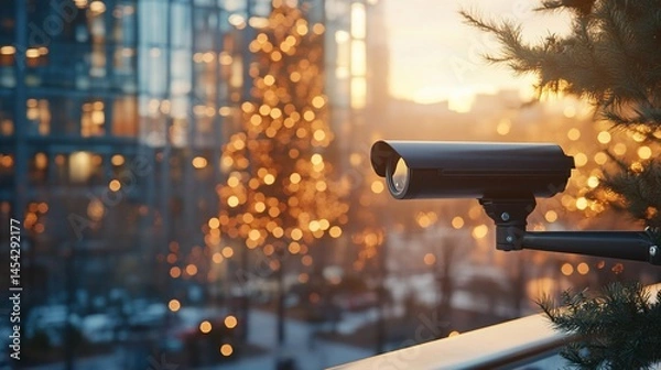 Fototapeta Security camera watching city scene with bokeh lights, outdoor environment