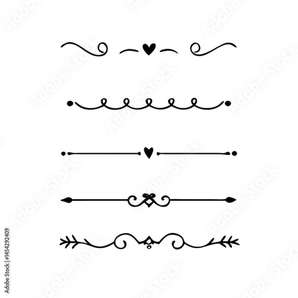 Fototapeta Title: Dividers doodle set. Wedding decorative elements. Hand drawn vector illustration isolated on white background. Text dividers doodle set. Wedding decorative elements.

