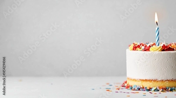 Fototapeta Single-tier white cake with lit candle and colorful sprinkles, on a white surface