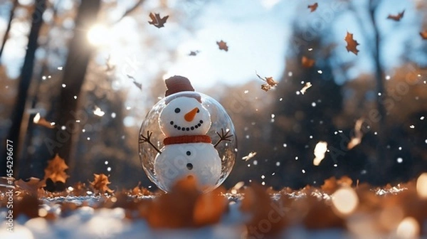 Fototapeta Snowman in glass sphere, surrounded by fall leaves and sunlight in forest