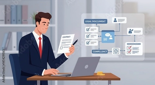 Fototapeta Document Approval Process with Businessman Approving on Laptop