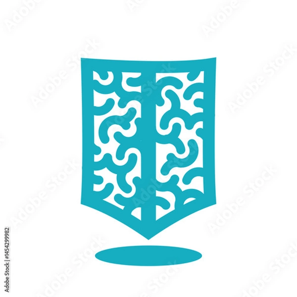 Fototapeta Brain and shield logo with abstract curved line pattern, modern emblem for mental health care, cognitive science, neural security, education, and intelligent protection technologies.