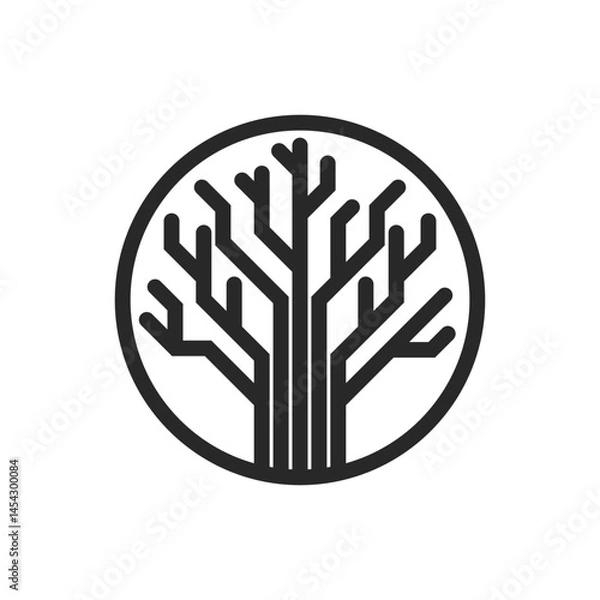 Fototapeta Circular tree logo with geometric branches, black thin line art forest symbol for eco branding, family tree emblem design, nature conservation and eco-friendly organic product identity.